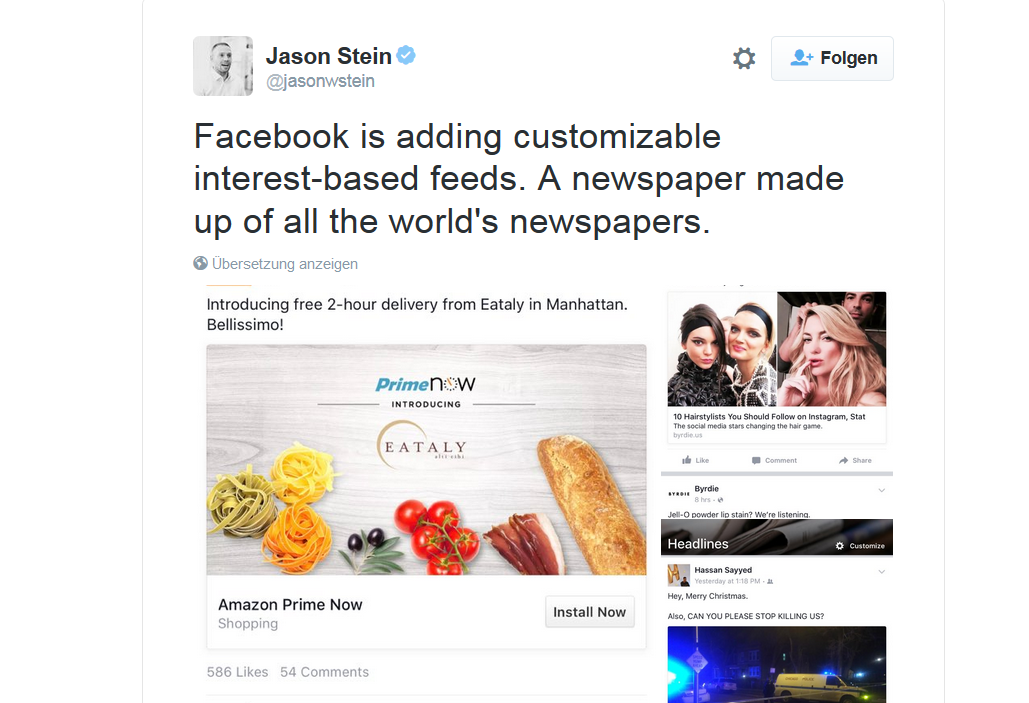 Facebook testet Themen-Channels anstatt des News Feeds. (c) Screenshot Twitter Jason Stein