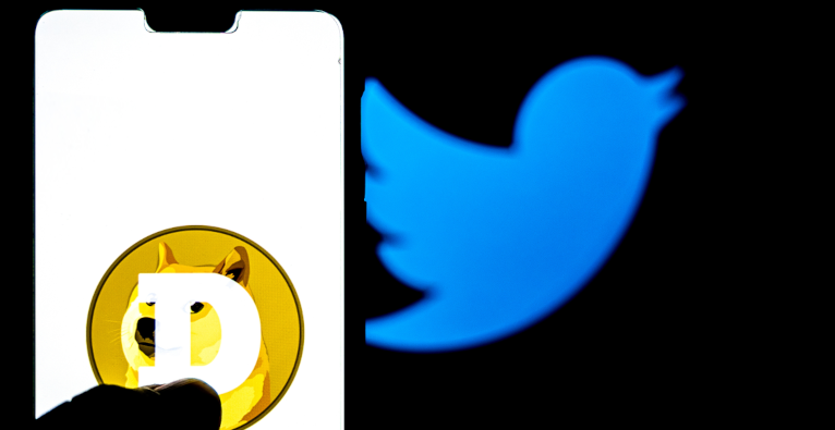The logos of Dogecoin and Twitter