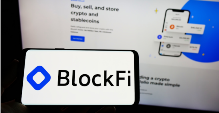 The logo of crypto lending platfom BlockFi on a smartphone
