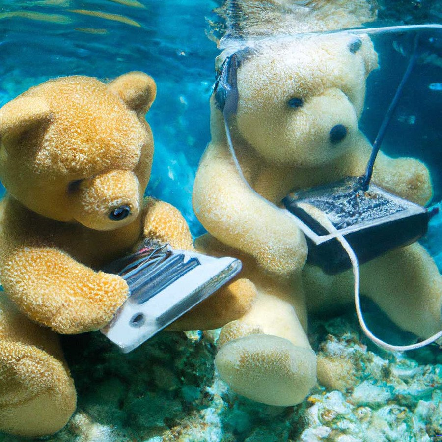 Teddy bears working on new AI research underwater with 1990s technology, created by dall-e2