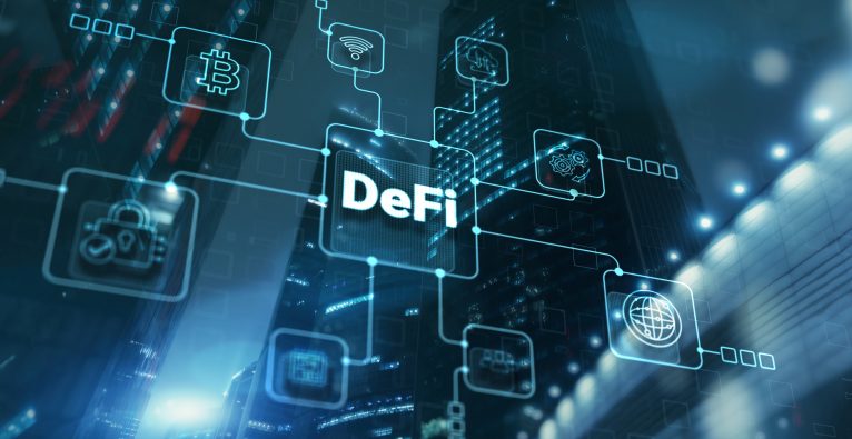 DeFi Decentralized Finance. Technology blockchain cryptocurrency concept