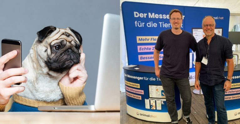 Links: Ein Hund mit Handy vor einem Laptop Rechts: Die beiden Gründer von AnimalChat