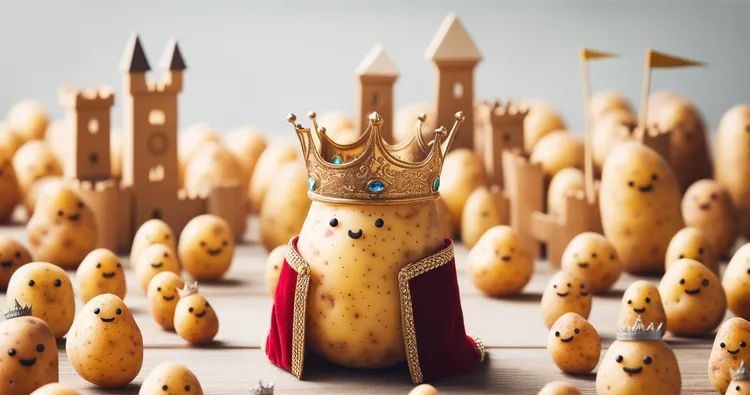 Ein KI generiertes Bild zeigt Dutzende Kartoffeln mit Gesichtern. In der Mitte der Masse steht die größte Kartoffel, mit Krone und Robe - der potato king