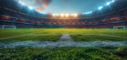 Auf dem Bild ist ein FUßballfeld aus Froschperspektive zu sehen. Ein großeses Stadion mit Lichtern in der gegenüberliegenden Kurve.
