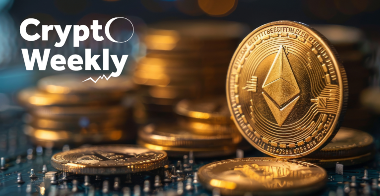 das Titelbild der Ausgabe von Crypto Weekly mit einer Ethereum-Münze. Thema der Ausgabe sind die Ethereum-ETFs in den USA