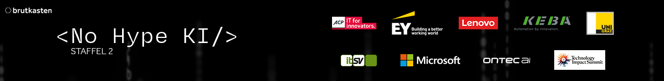 ein Banner mit dem Logo der brutkasten-Serie 'No Hype KI' sowie den Logos der Partner CANCOM Austria, IBM, ITSV, Microsoft, Nagarro, RedHat und Universität Graz