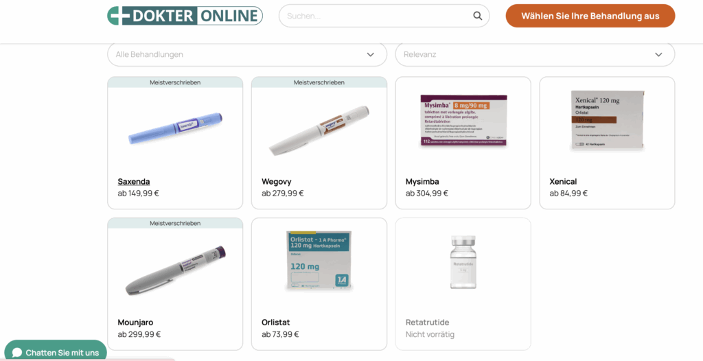 Screenshot eines Webshops mit Abnehmspritzen