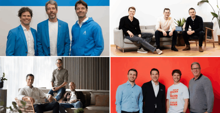 Vier heimische Startups holten sich 2026 bislang achtstellige Investments (vlonru.) die Founder-Teams von Aviloo, nyra health, Flinn und Neoh | (c) Aviloo / nyra health / Flinn / Neoh