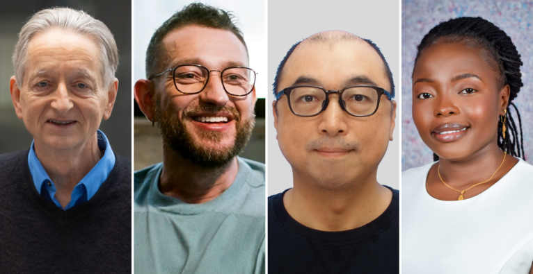 vl. Geoffrey Hinton, Peter Steinberger, Yukiyasu Kamitani und Kauna Ibrahim Malgwi | (c) TEDAI26