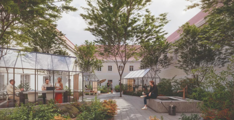 Auf dem Bild zu sehen ist ein Architektenplan vom Innenhof des Innovationshubs in Steyr. Menschen sitzen im Garten des ehemaligen Klosters, arbeiten und genießen das schöne Wetter.